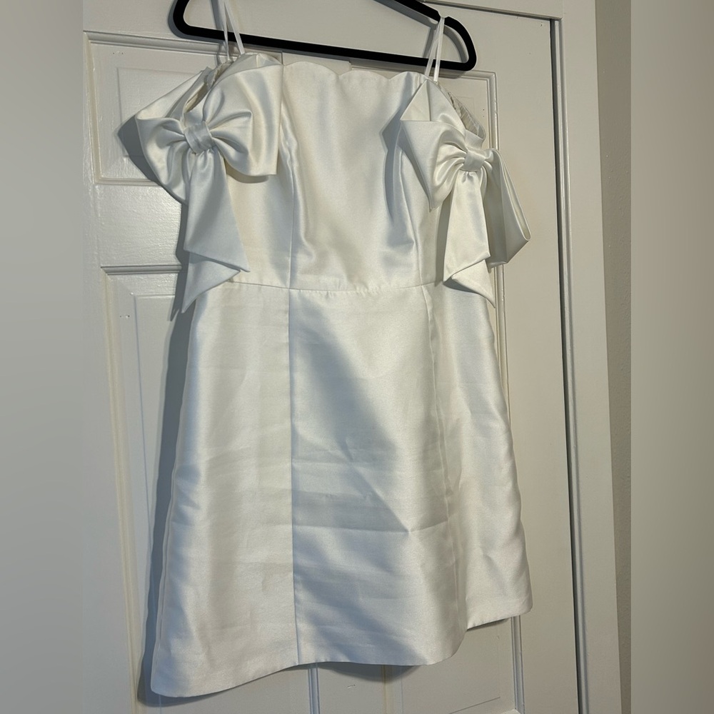 Adrianna Papell White Dress off the shoulder with Bow Accents